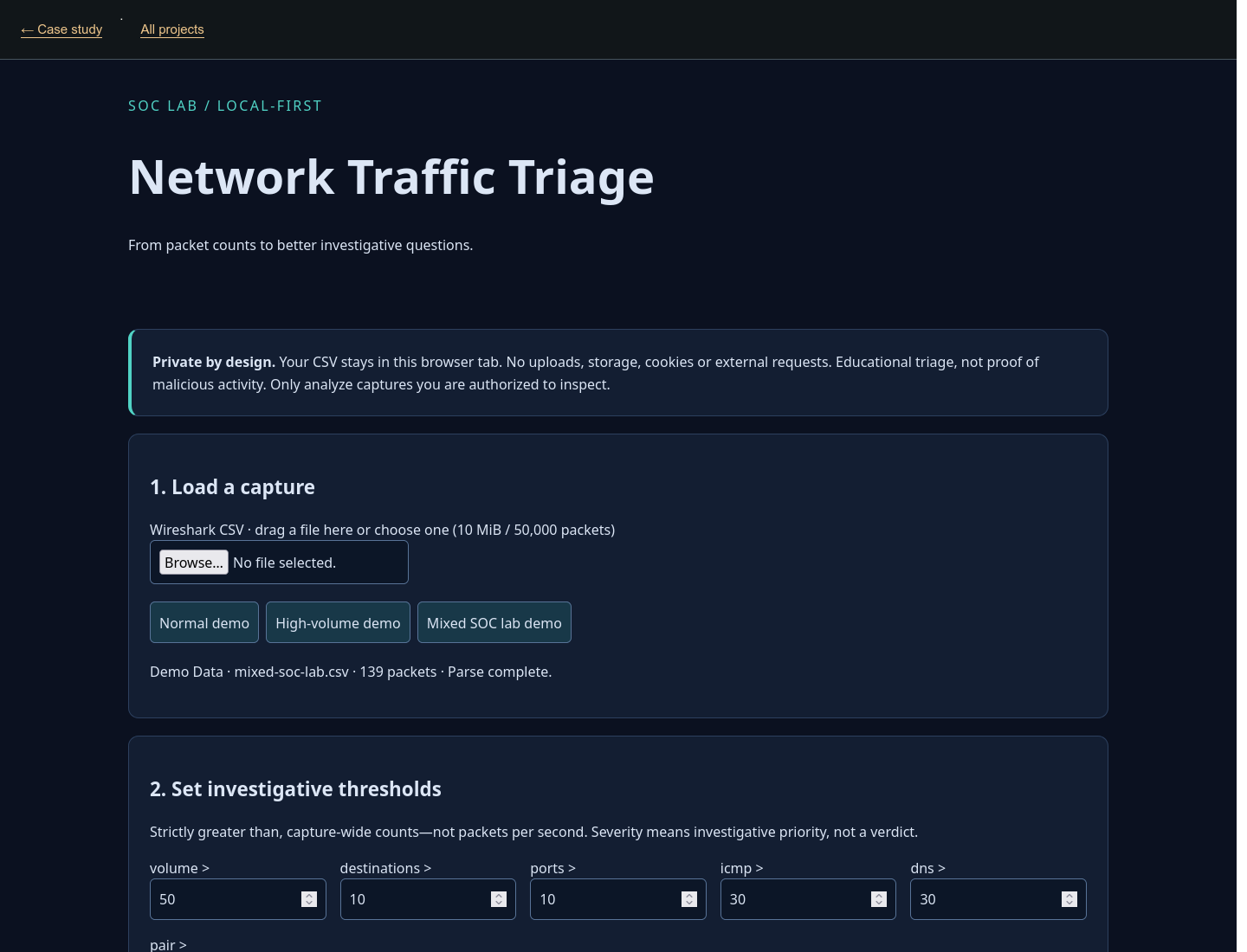 Network traffic triage: actual offline application showing a fictional training sample