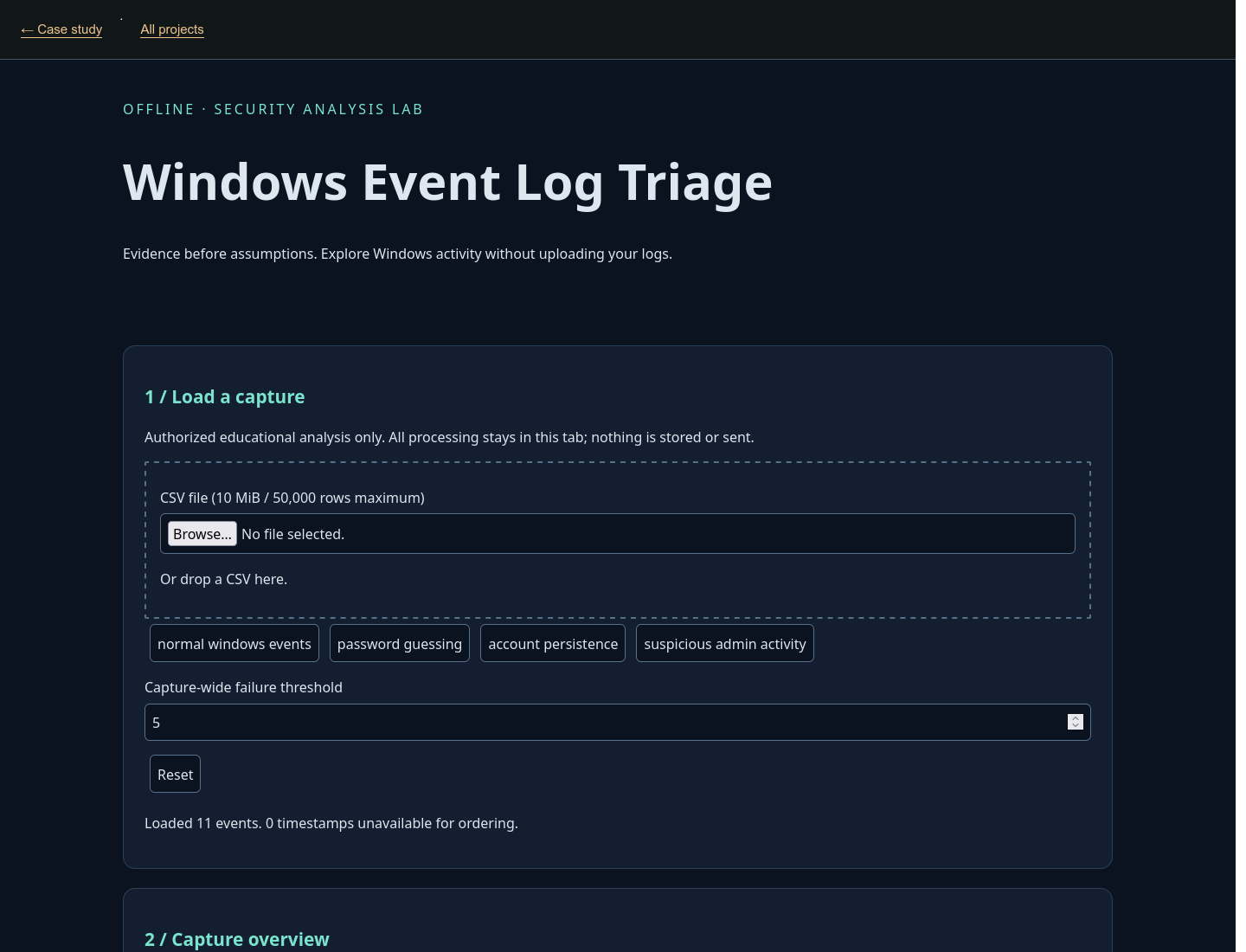Windows event analysis: actual offline application showing a fictional training sample